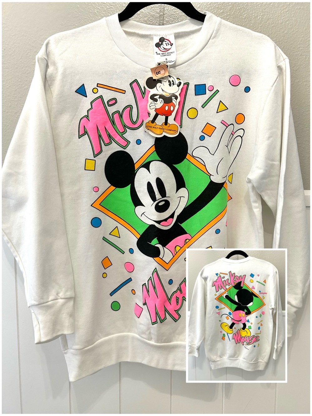 Vintage Disney Mickey Mouse Sweatshirt New With Tags NOS Neon Graphic Front Back